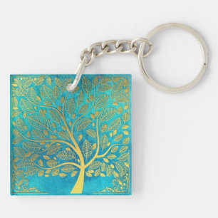 Llavero Azul turquesa y árbol de oro de la vida