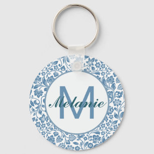 Llavero Azul Vintage Patrón Floral Blanco Personalizado
