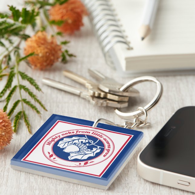 Llavero Azul vintage Rojo Blanco Proverbio Roble de maíz A (Frente Derecha)