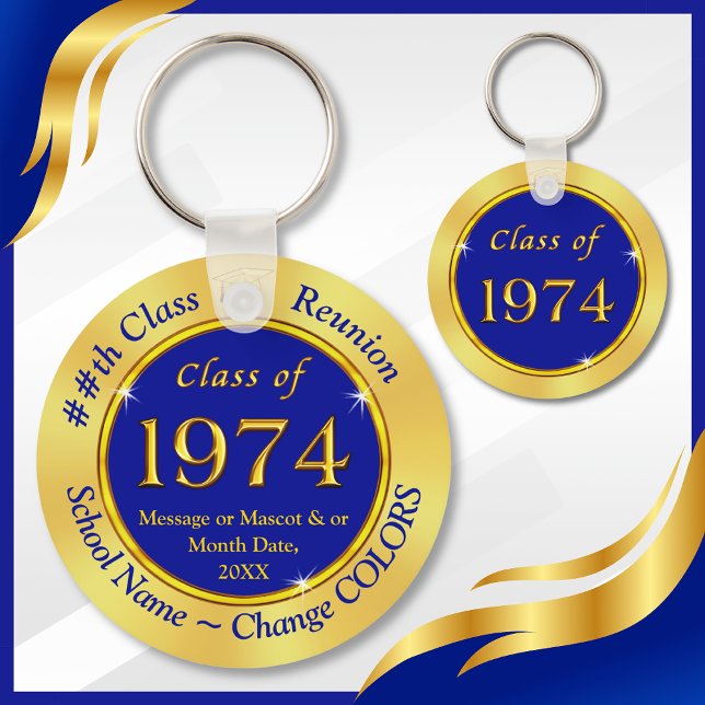 Llavero Azul y oro, clase de 1971, favores del partido Reu (Class of 1974 ideas. 50th reunion keychains are great, 50th high school reunion favors. Blue Gold.)