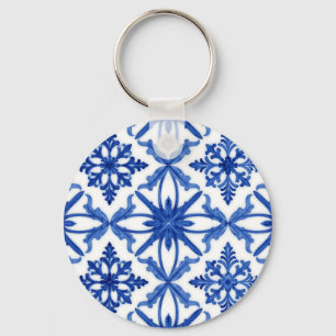Llavero Azulejo de baldosas Floral Azul Blanco Patrón