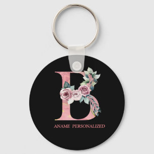 Llavero B Monograma floral Letras de nombre Agate rosa Key
