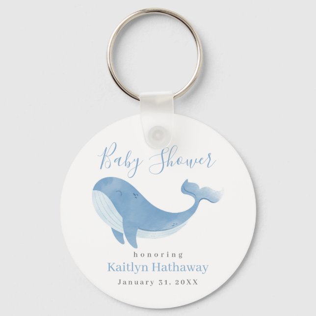 Llavero Baby Shower de ballena azul acuarela (Anverso)