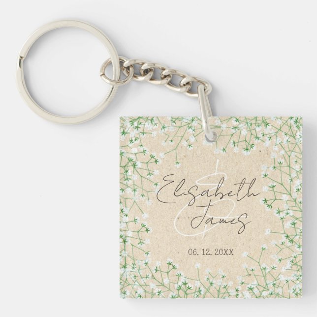 Llavero Babys Breath Watercolor Floral Rústico Boho Boda (Frente)