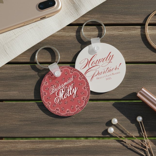Llavero Bachelorette, socio de Red Howdy personalizado (Western Howdy Partner Red Bachelorette Keychain)