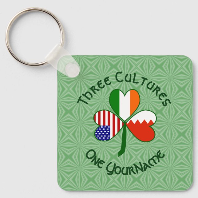 Llavero Bahraini Irish American Flags Shamrock Your Name (Anverso)