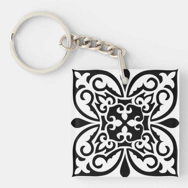 Llavero Baldosa marroquí - blanco con fondo negro (Frente)