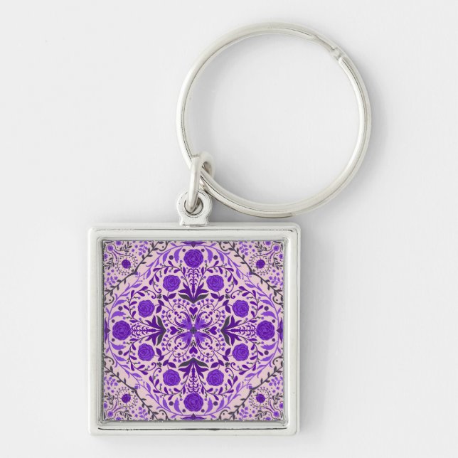 Llavero Baldosas florales en rosa violeta y algodón (Frente)