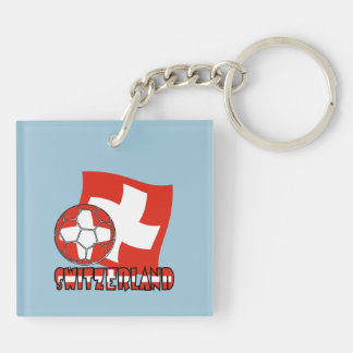 Llavero Balón de Fútbol con Bandera Suiza sobre Fondo Azul
