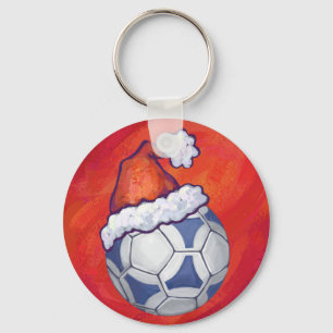 Llavero Balón de fútbol festivo azul y blanco sobre rojo