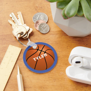 Llavero Baloncesto, nombre en blanco en azul