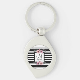 Llavero Bandas negras y blancas monograma floral rosa