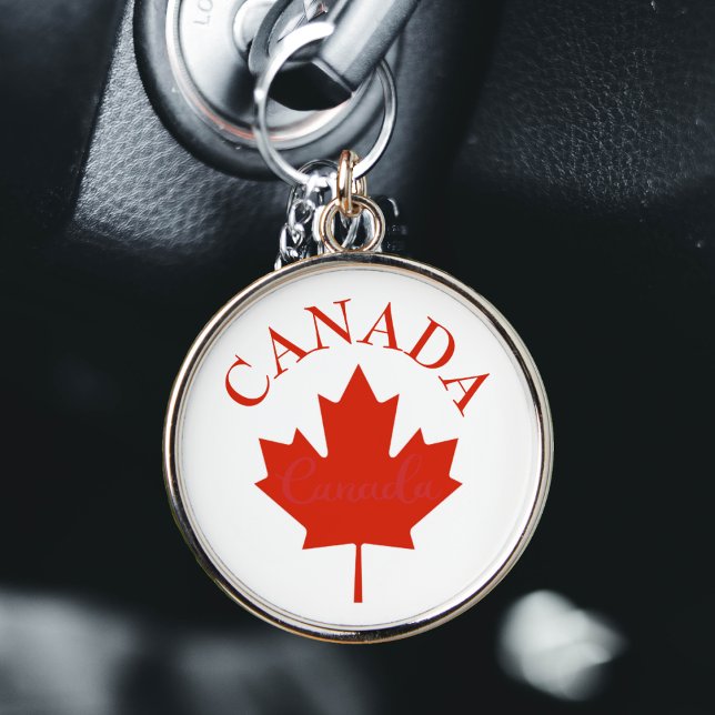 Llavero Bandera canadiense roja y blanca (Canada Canadian flag maple leaf round silver keychain)