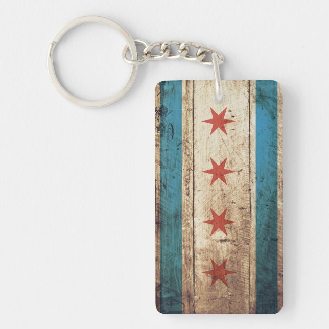Llavero Bandera de Chicago en grano de madera viejo (Frente)