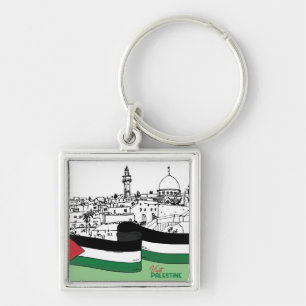Llavero Bandera de Palestina y antiguas casas dibujadas a 