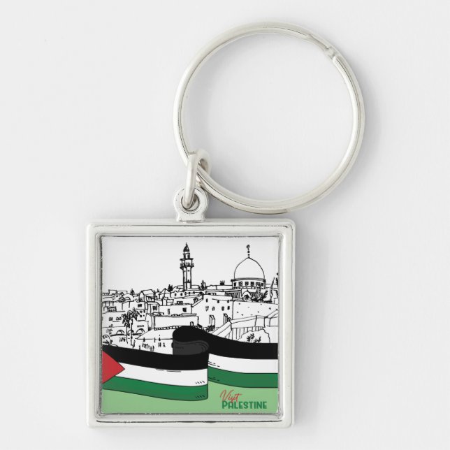 Llavero Bandera de Palestina y antiguas casas dibujadas a  (Frente)