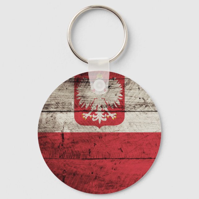 Llavero Bandera de Polonia sobre grano de madera vieja (Anverso)