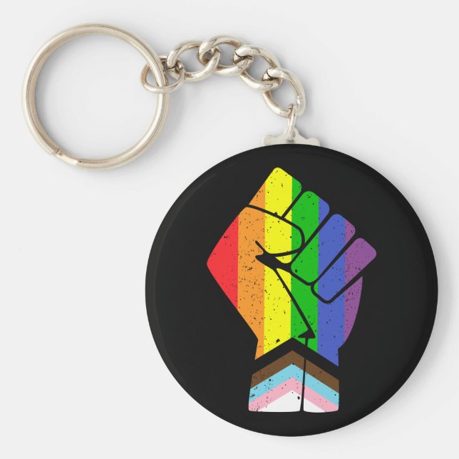 Llavero Bandera del Orgullo LGBT (Progreso) con puño levan (Frente)