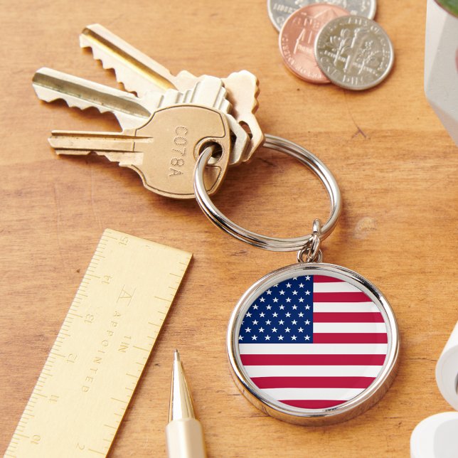 Llavero Bandera estadounidense de Estados Unidos Ronda Pat (USA American Flag Patriotic Round Metal Keychain)