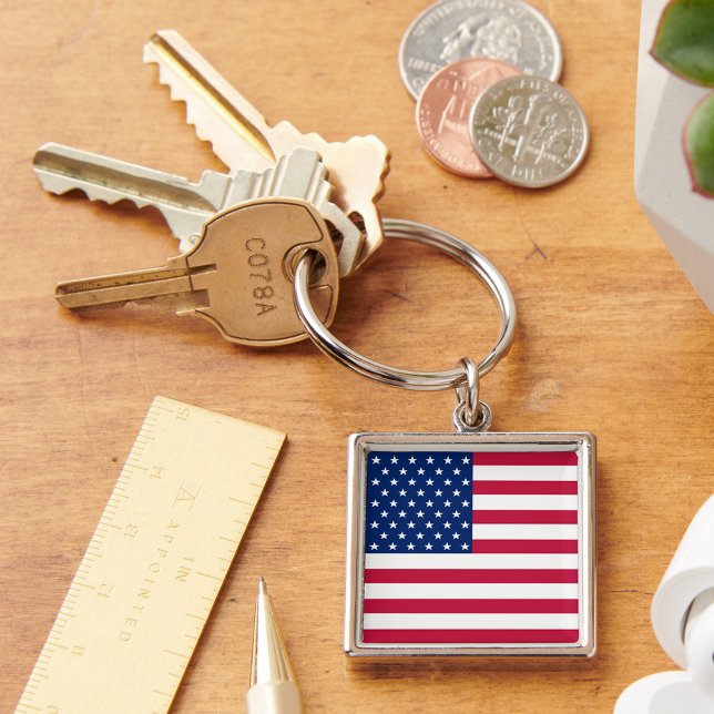 Llavero Bandera estadounidense Patriótica Square Keychain  (USA American Flag Patriotic Square Metal Keychain)