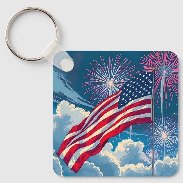 Llavero Bandera Patriótica Americana con fuegos artificial (Anverso)