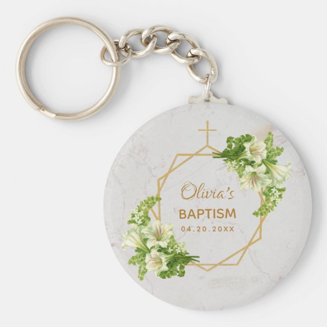 Llavero Baptismo Floral Geometric White Lilis Gold Marble (Frente)