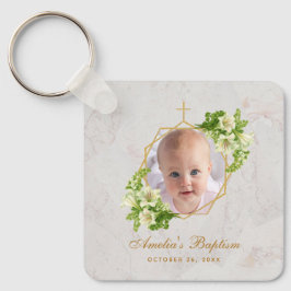 Llavero Baptismo Foto Floral Geometric White Lilis Marble