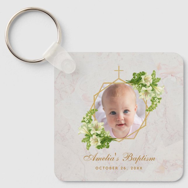 Llavero Baptismo Foto Floral Geometric White Lilis Marble (Anverso)