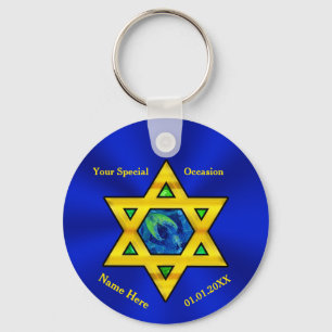 Llavero Bar personalizado con azul y oro Mitzvah Favor