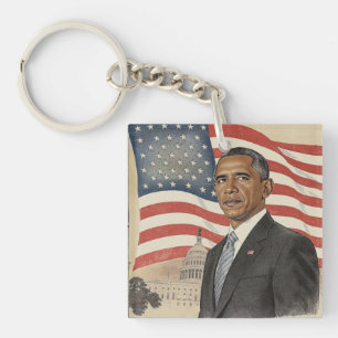 Llavero Barack Obama frente a la bandera estadounidense y 
