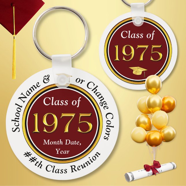 Llavero Barato de personalizable, clase de Reunión de 1975 (Class of 1975 Reunion, Keychains. Nice class reunion party favors for the Class of 75. Maroon, White)
