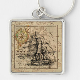 Llavero Barco de Vela Antiguo y Mapa Europeo Antiguo