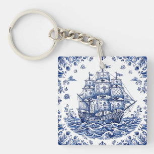 Llavero Barco Mercante Estilo Delft Azul Blanco