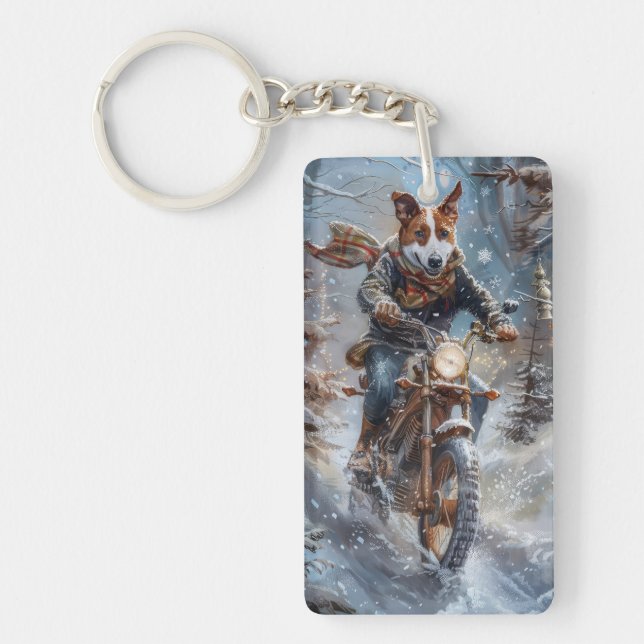 Llavero Basenji Viaje en Motocicleta Navidad (Frente)