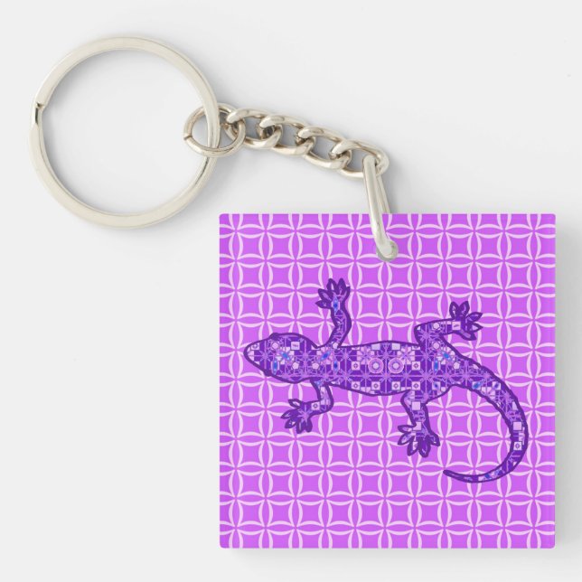 Llavero batik tribal Gecko - violeta y amatista morado (Frente)