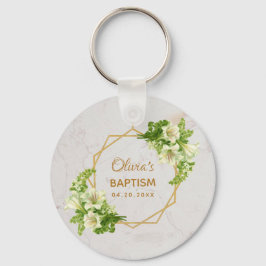 Llavero Bautismo Floral Geométrico Lirios Blancos Mármol D