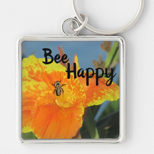 Llavero Be Happy Bee Pun Naranja brillante Flor Flor Flora (Frente)