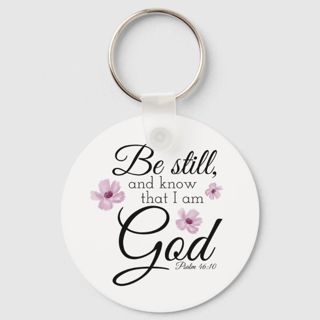 Llavero Be Still Psalm 46:10 Acuarela Flores Púrpura (Anverso)