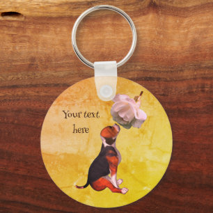 Llavero Beagle Puppy White Rose Cute Personalizada
