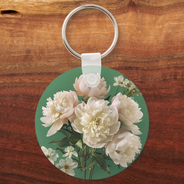 Llavero Beautiful White & Pink Peonies On Green Background (Reverso )