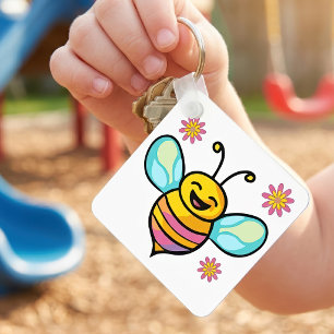 Llavero Bebé Abeja Kawaii Sonriente Feliz con Flores Linda
