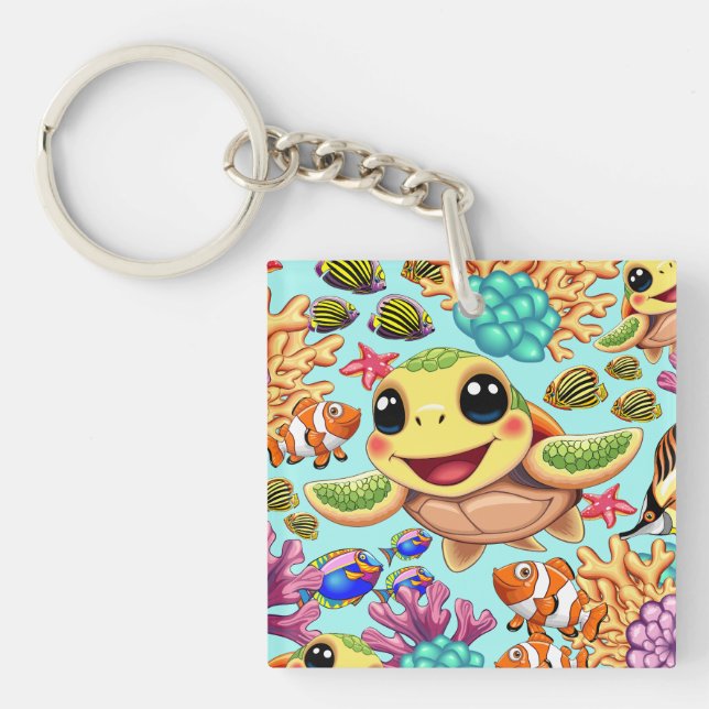 Llavero Bebé de tortuga marina feliz y con carácter (Frente)