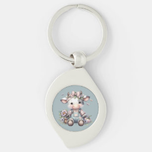 Llavero Bebé Vaca Pastel Adorable con Overoles y Flores