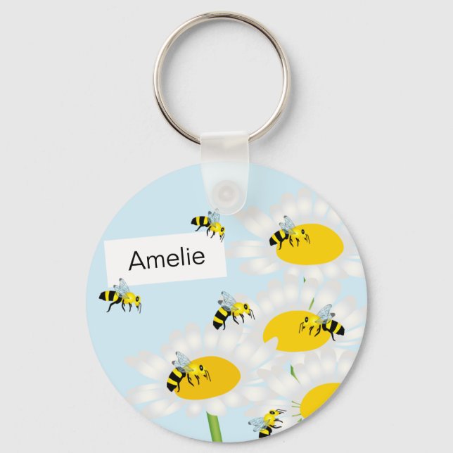 Llavero Bee on Flower Keychain - fondo azul (Anverso)