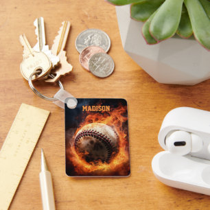 Llavero Béisbol con nombre personalizado en llamas