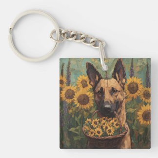 Llavero Belgian Malinois with a Basket of Sunflowers