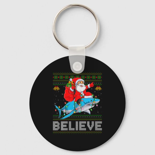 Llavero Believe Xmas Funny Santa Riding Shark Ugly Christm (Anverso)