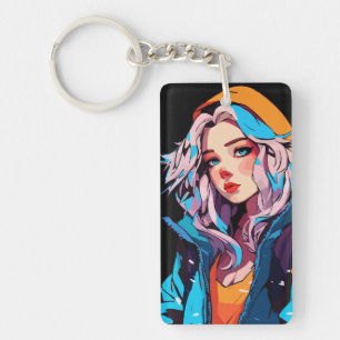 Llavero Belleza Turquesa: Chica Anime Dibujada a Mano