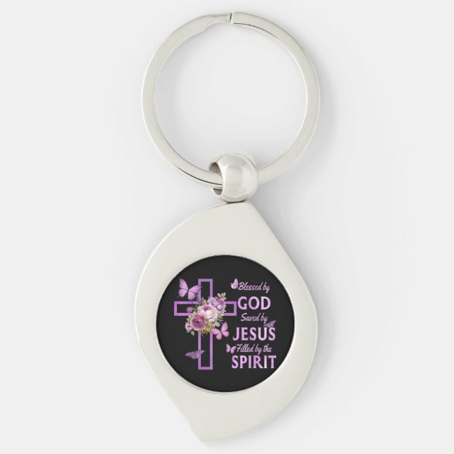 Llavero Bendecido por Dios Salvado por Jesús Cruz Floral P (Anverso)