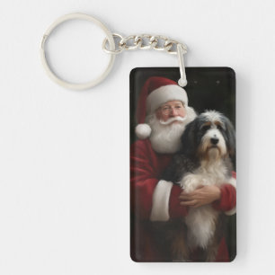Llavero Bernedoodle con Santa Claus Navideño Festivo